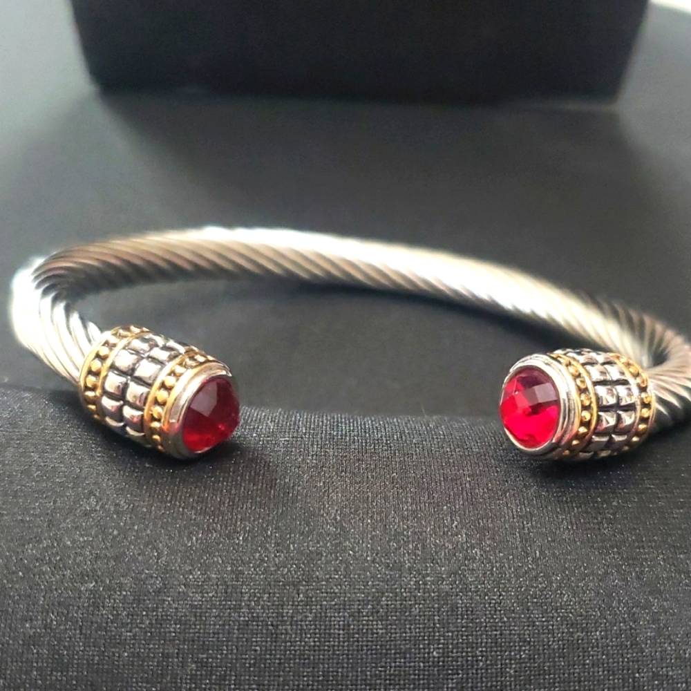 Elegant Silver and Gold Cable Bracelet with Red Accents